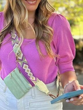 Mint Green Crossbody Bag with Patterned Strap